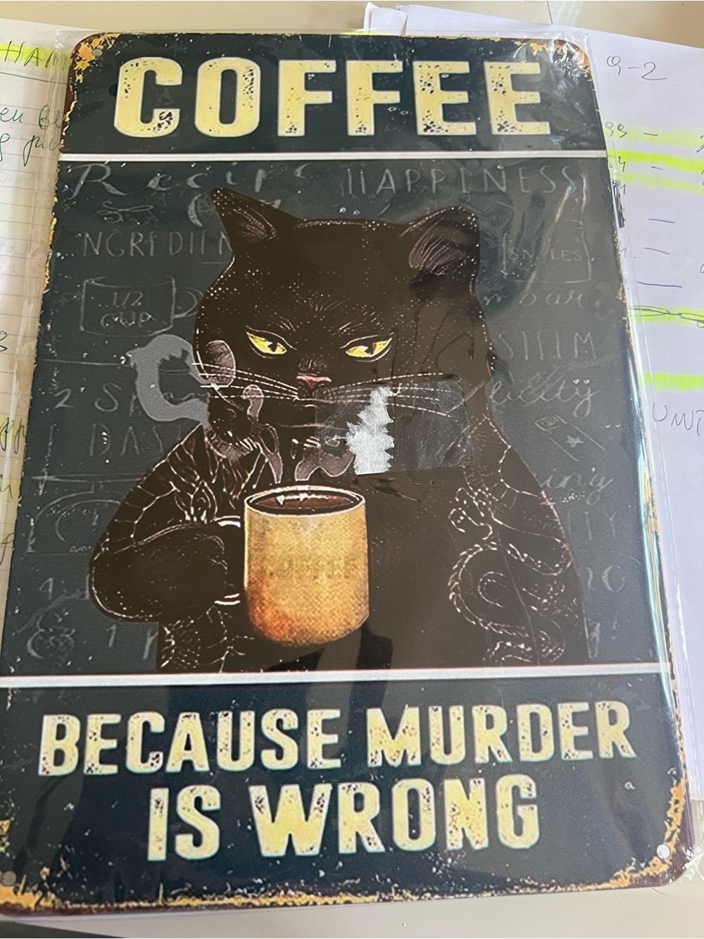 COFFEE Cat Metal Wall Sign - Black Cat with Yellow Accents 12”x8”